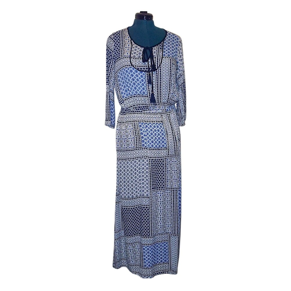 Fleur Bleue Boho Maxi Dress SZ 10 Lightweight Nautical side Slit Blue Floral